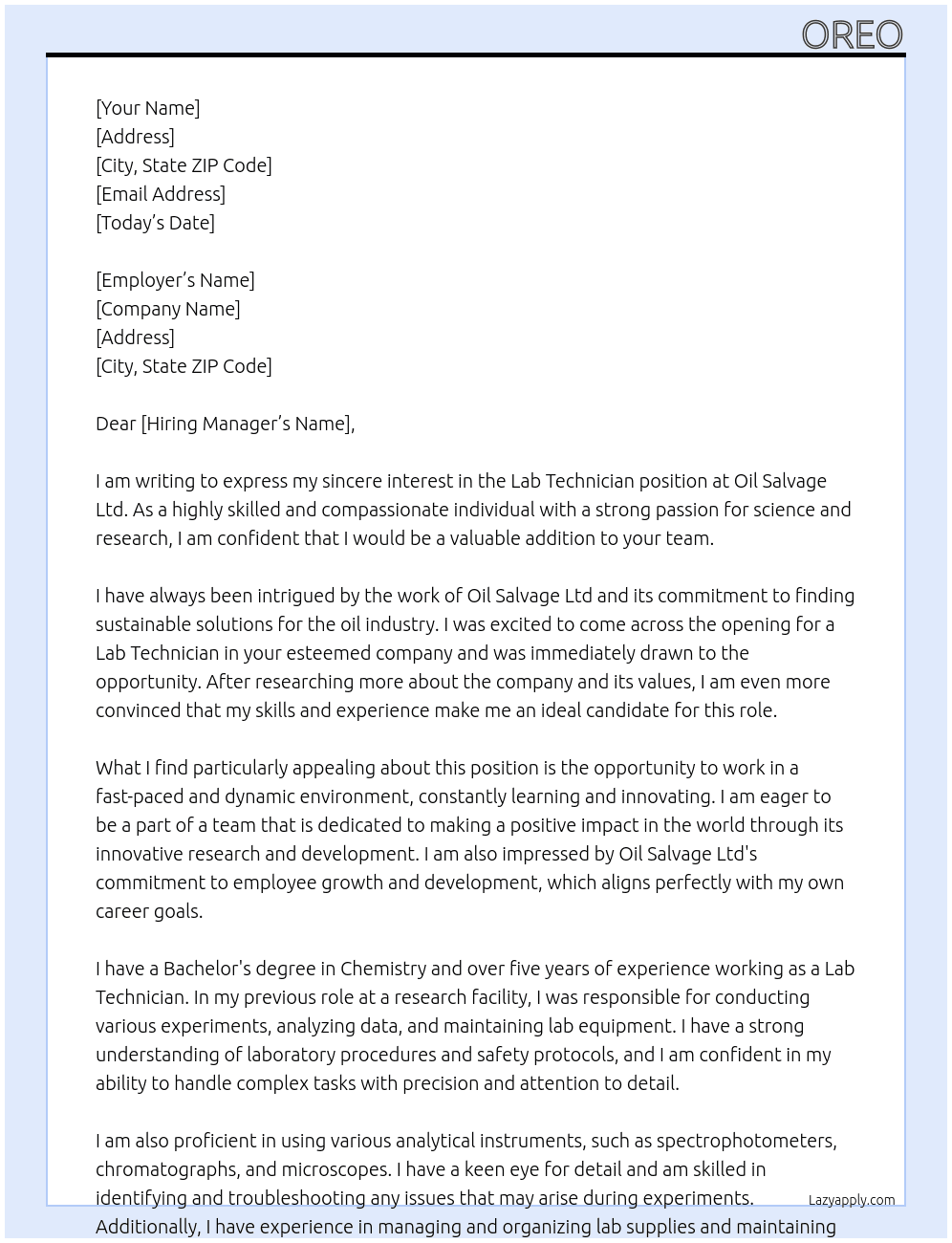 Lab Technician At Oil Salvage Ltd Cover Letter