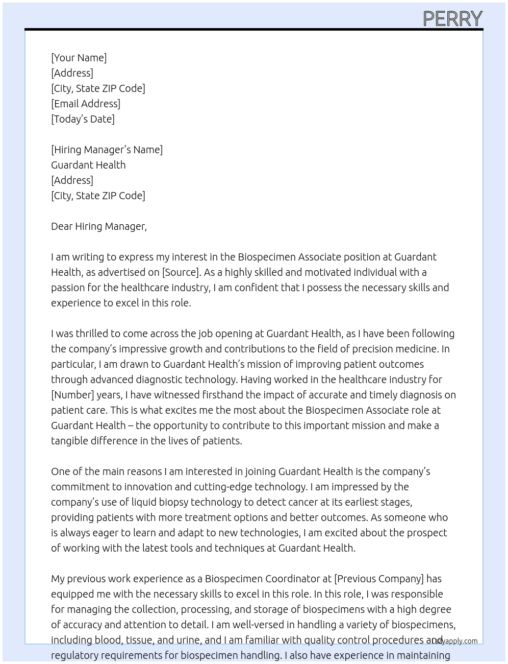 biospecimen associate At Guardant Health Cover Letter