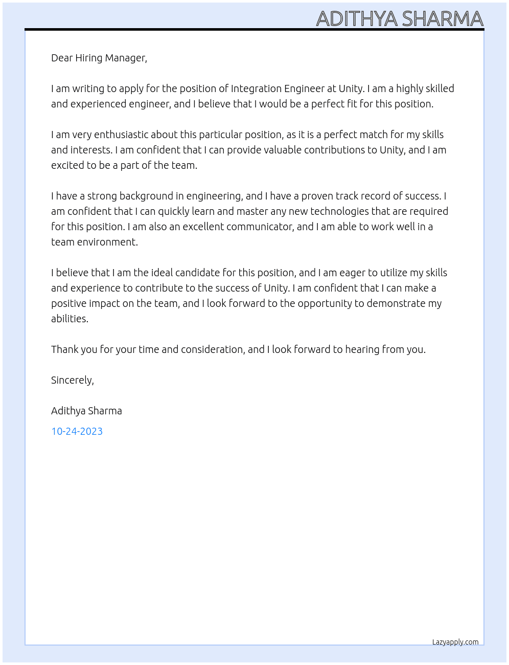 Integration Engineer At Unity Cover Letter