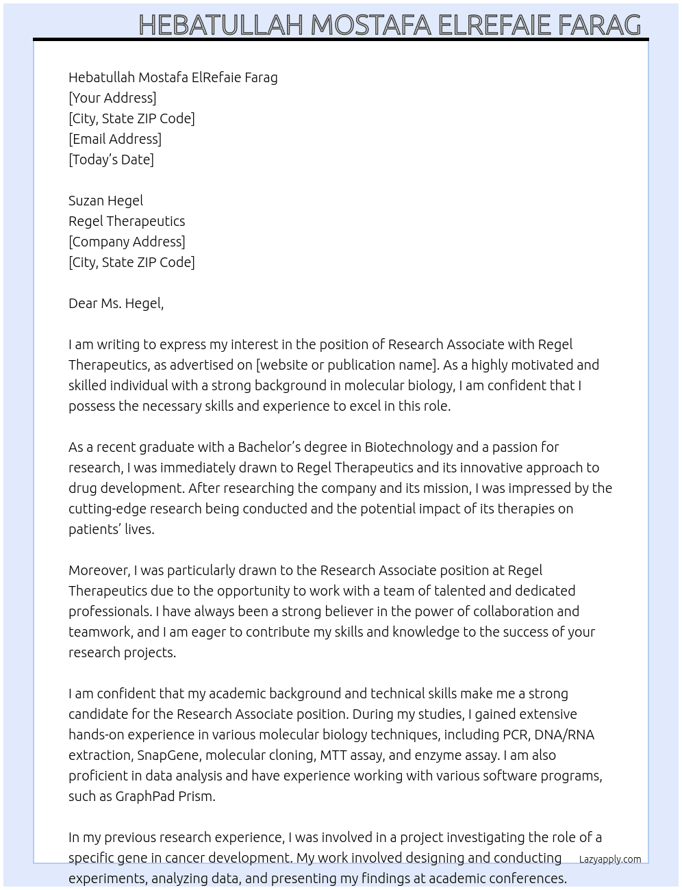 Research Associate At Regel Therapeutics  Cover Letter