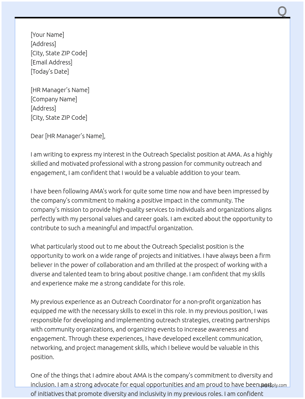 Outreach specialist  At AMA Cover Letter