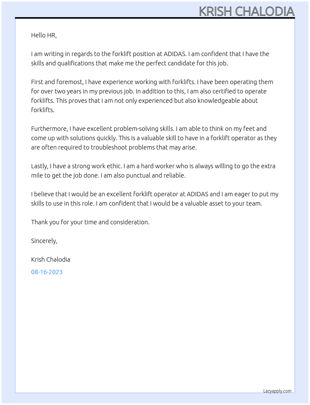 forklift At ADIDAS Cover Letter