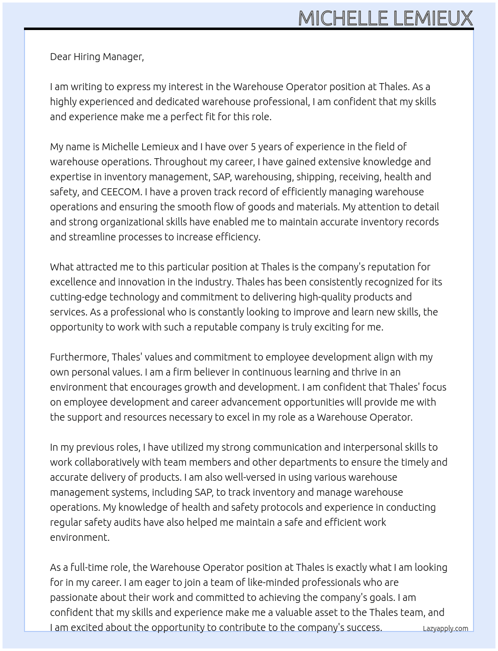 Warehouse Operator At Thales Cover Letter