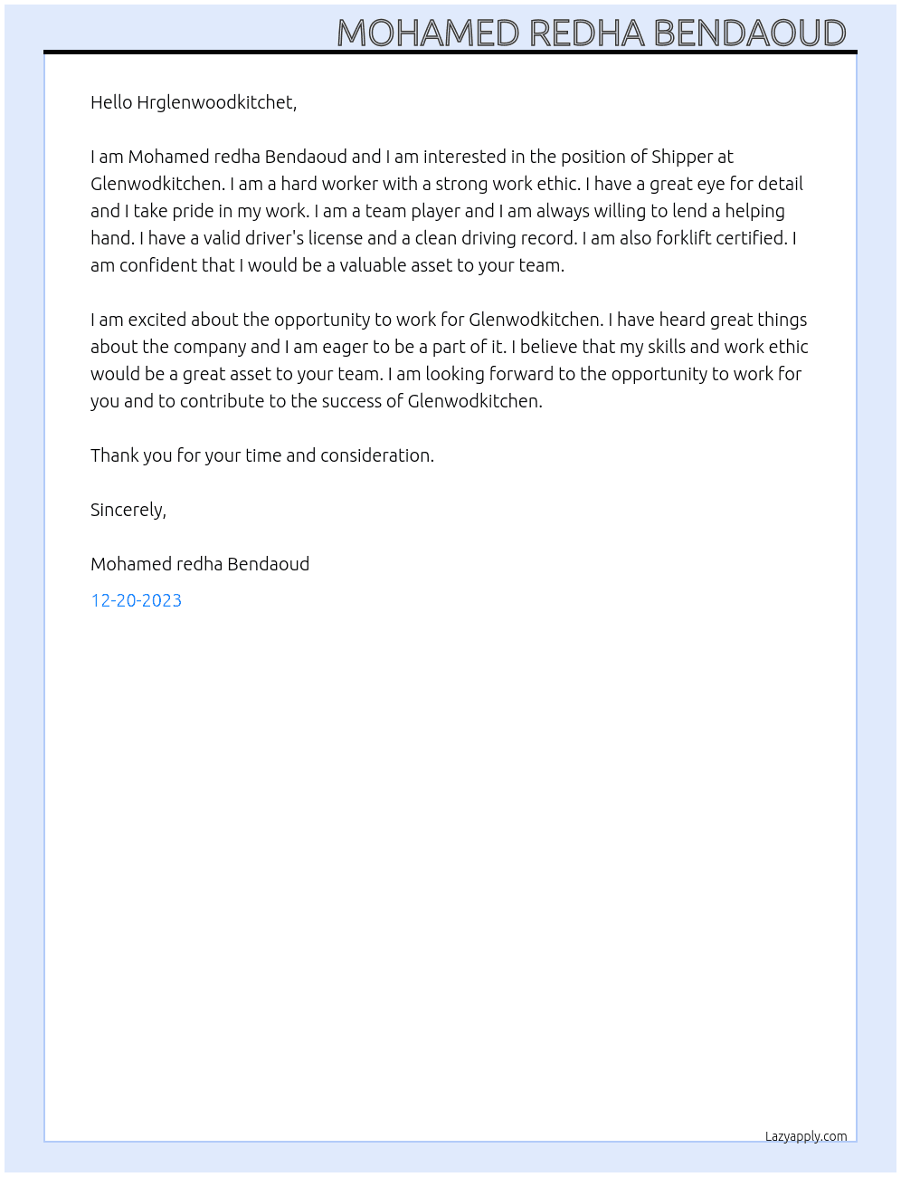Shipper  At Glenwodkitchen Cover Letter
