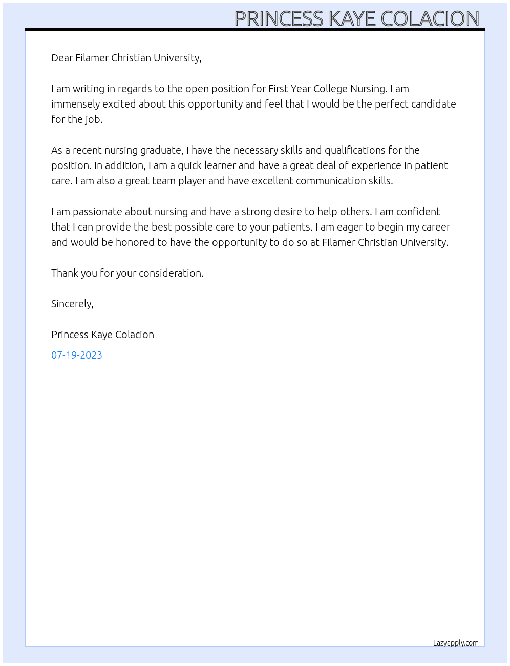 First Year College Nursing At Filamer Christian University  Cover Letter