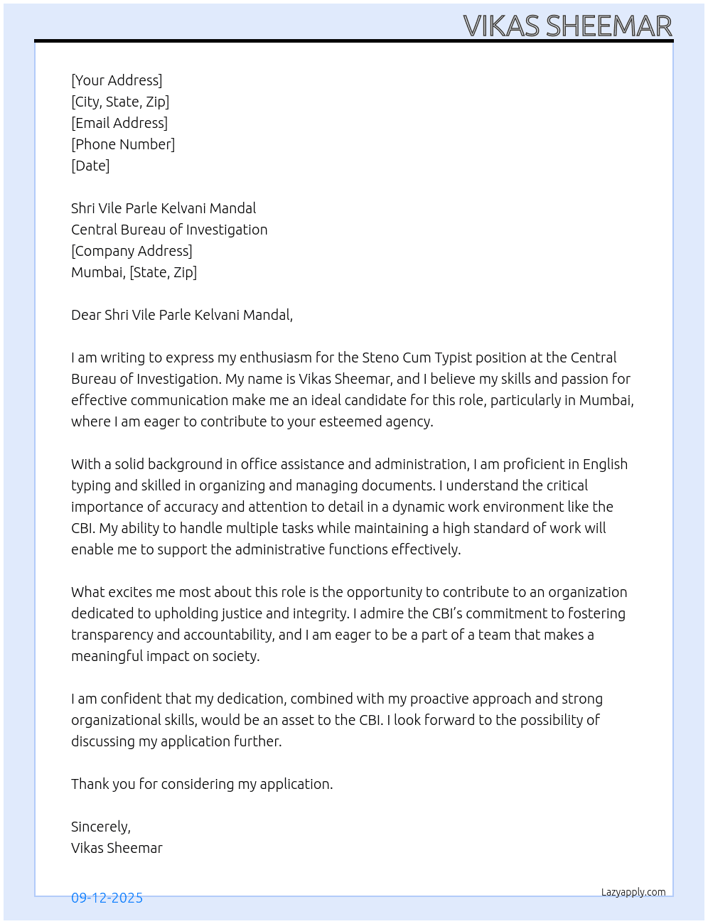 Steno Cum Typist At Central Bureau of Investigation Cover Letter