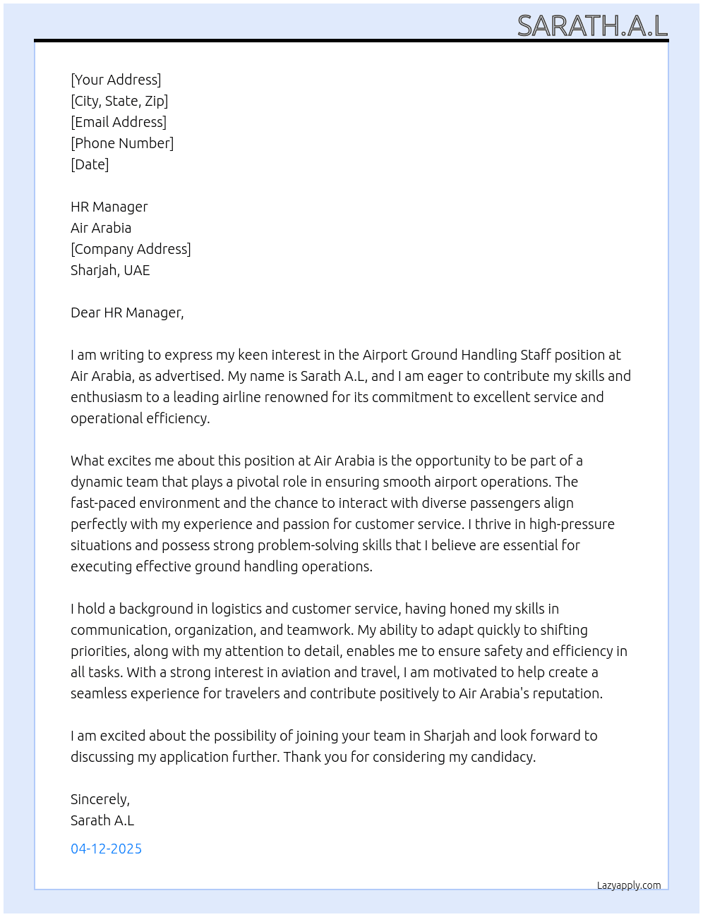 Cover letter for airport ground handling staff - LazyApply