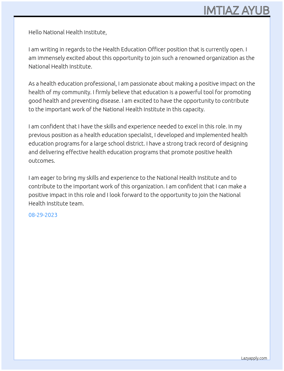 health education officer At national health institute Cover Letter