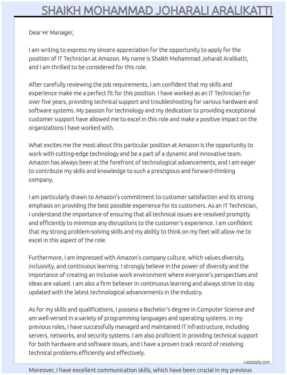 IT Technician At Amazon Cover Letter