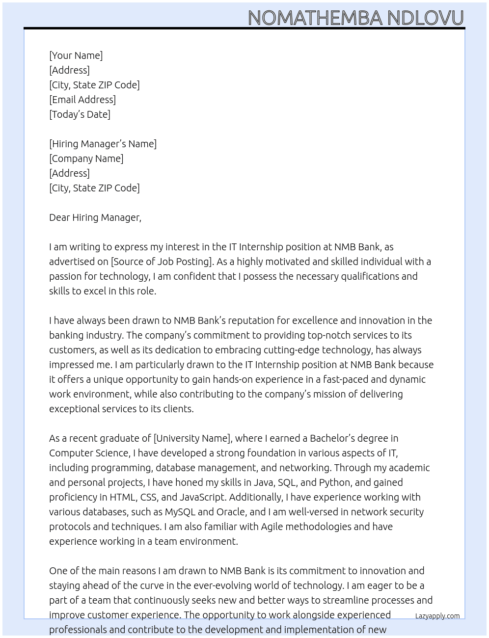 IT Internship  At NMB Bank Cover Letter