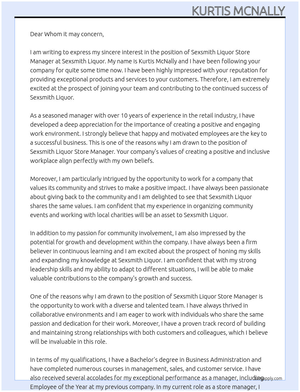 Sexsmith Liquor Store manager  At Sexsmith Liquor  Cover Letter