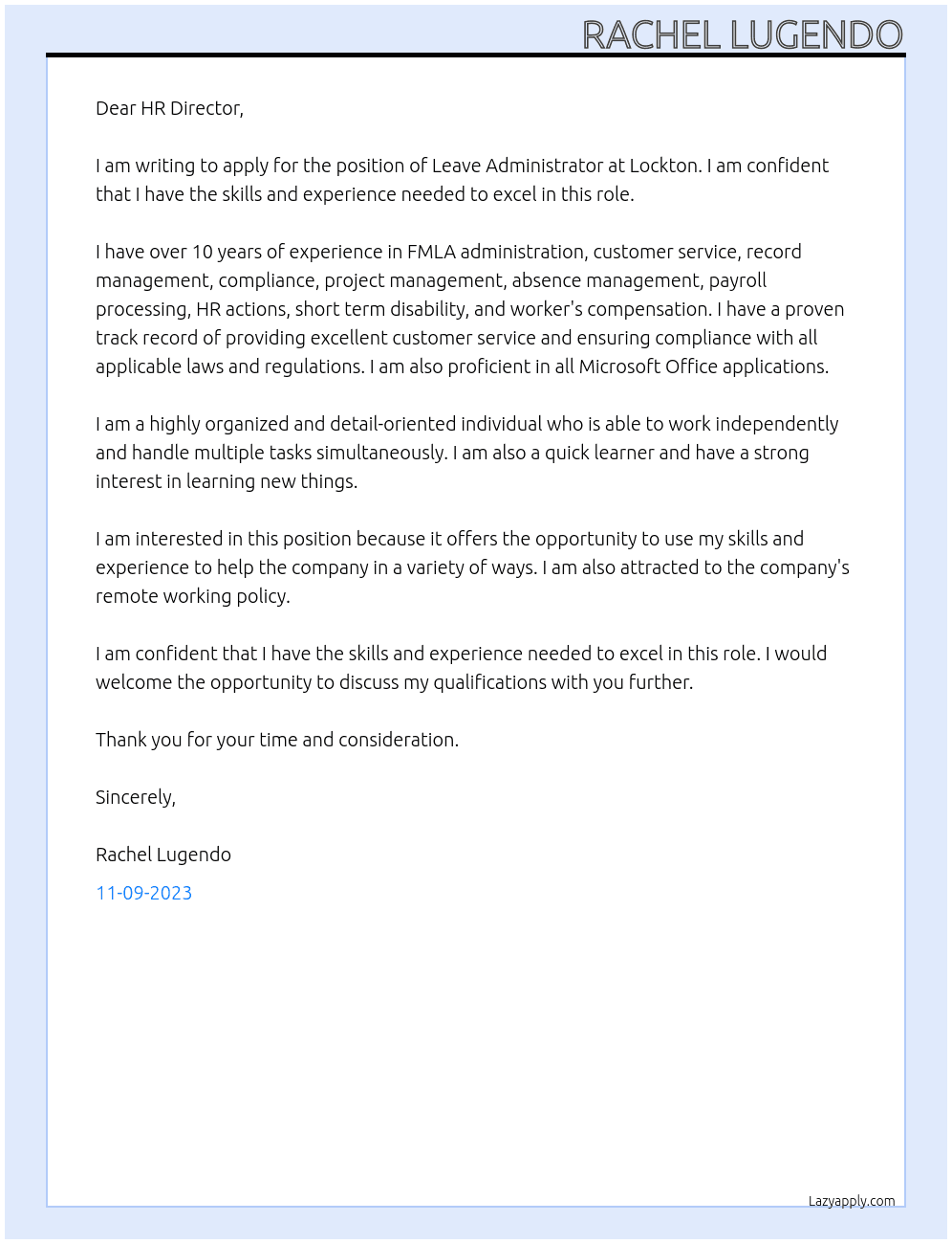 Leave Administrator At Lockton Cover Letter