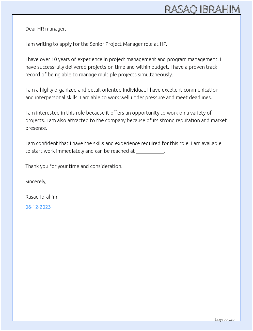 Senior Project Manager At HP Cover Letter