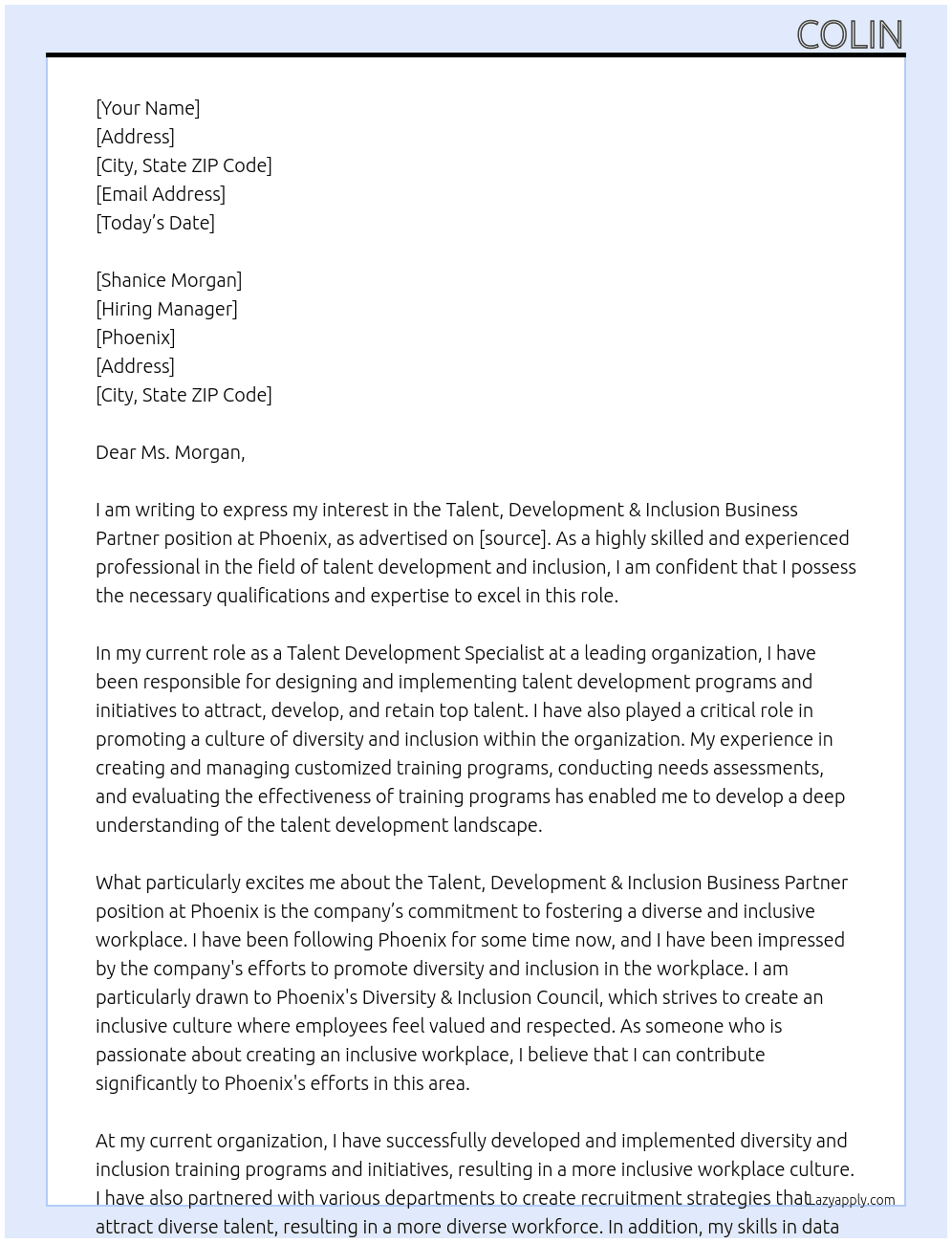 Talent, Development & Inclusion Business Partner At Phoenix Cover Letter