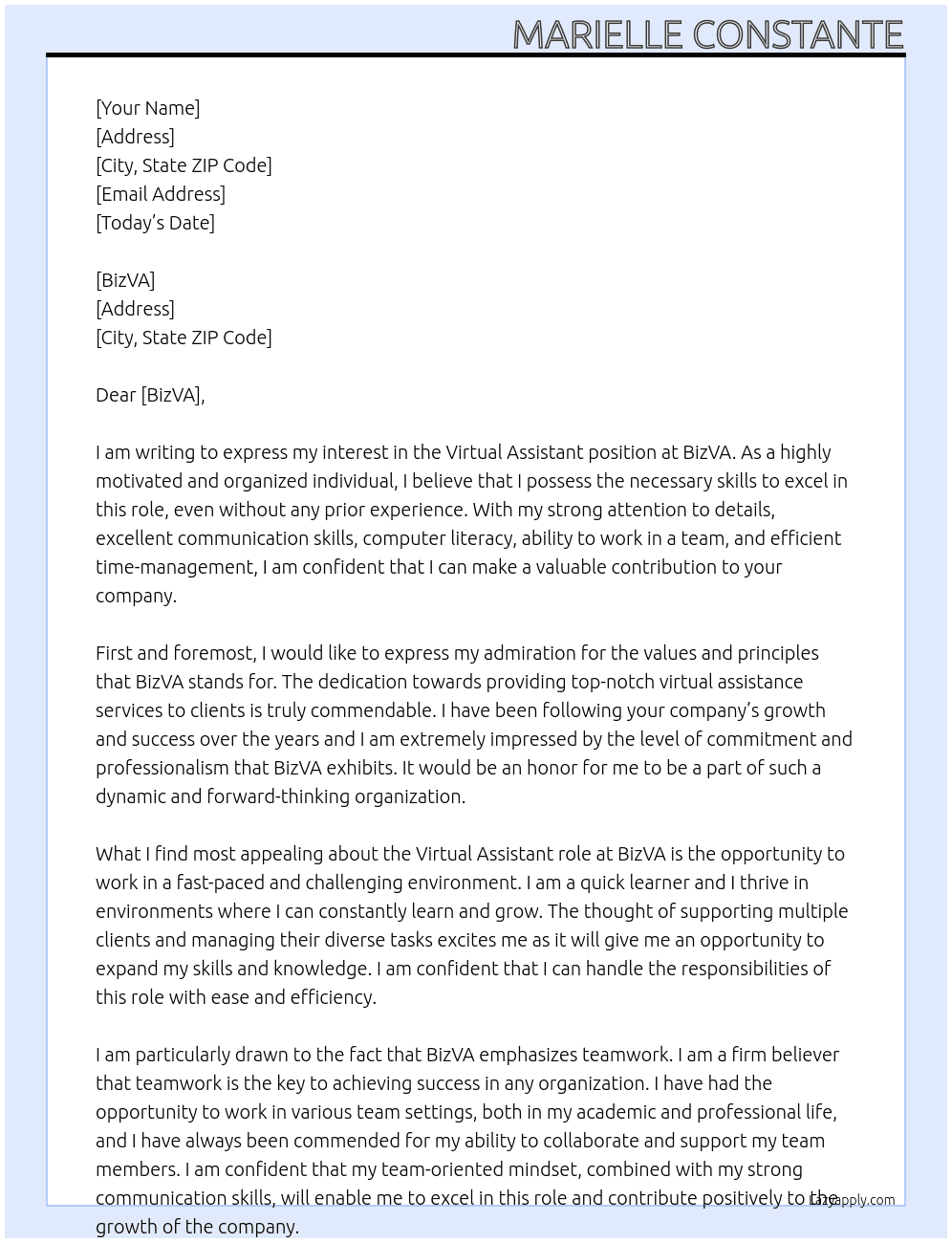 Virtual Assistant with no Experience At BizVA Cover Letter