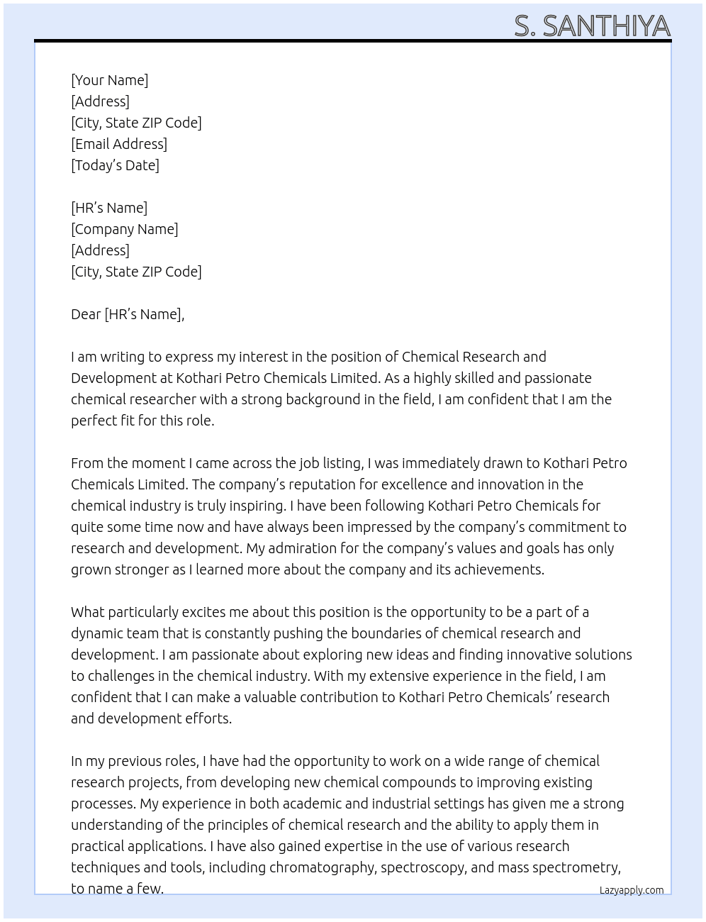 chemical research and development  At kothari petro chemicals limited  Cover Letter