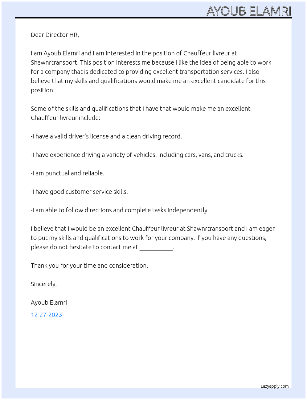 Chauffeur livreur  At Shawnrtransport Cover Letter