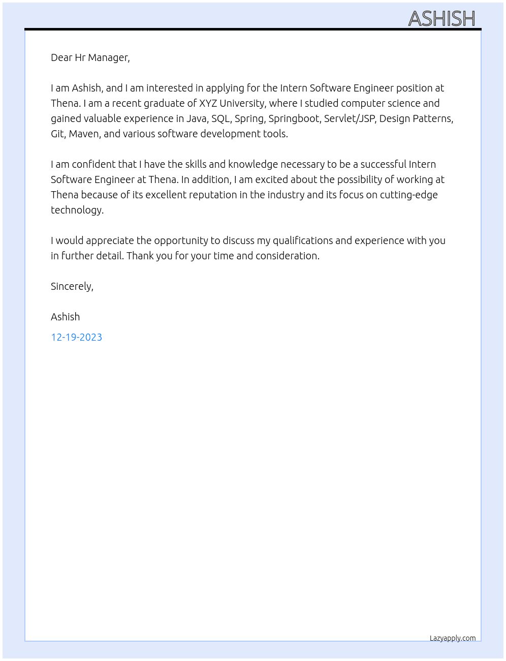 Intern Software Engineer  At Thena Cover Letter