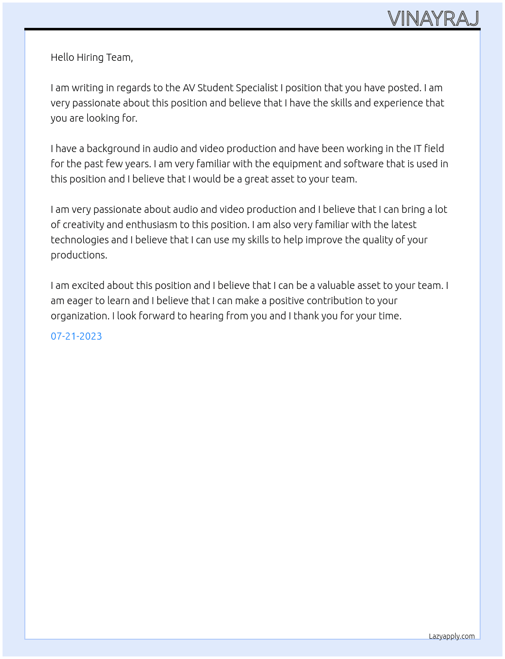 AV Student Specialist I At UMBC Division of Information Technology Cover Letter