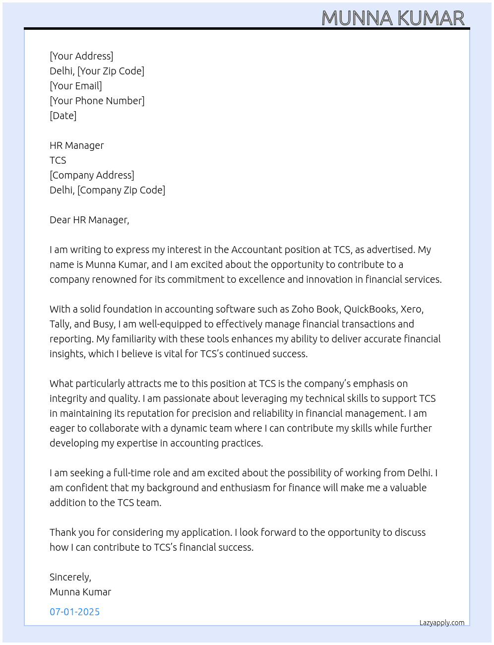 Accountant  At TCS  Cover Letter