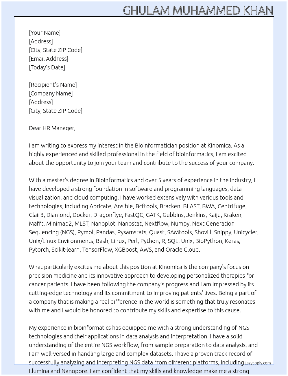 Bioinformatician At Kinomica Cover Letter