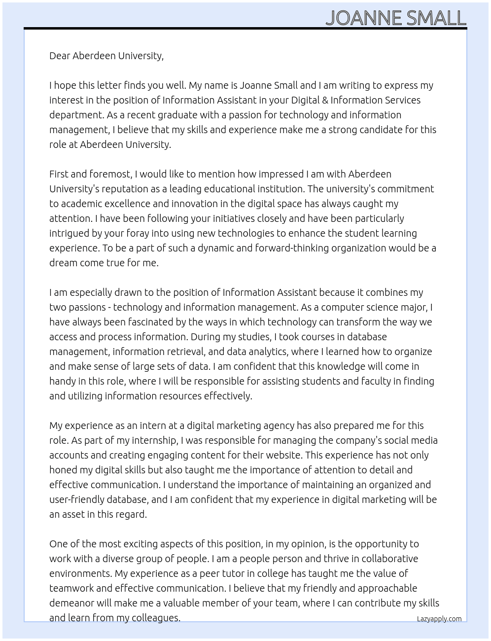 Information Assistants, Digital & Information Services At Aberdeen University Cover Letter