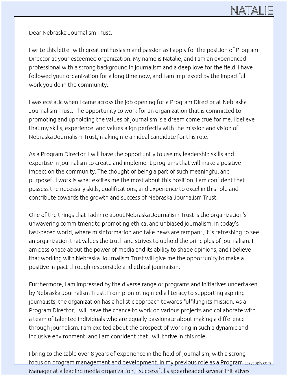 Program Director At Nebraska Journalism Trust Cover Letter