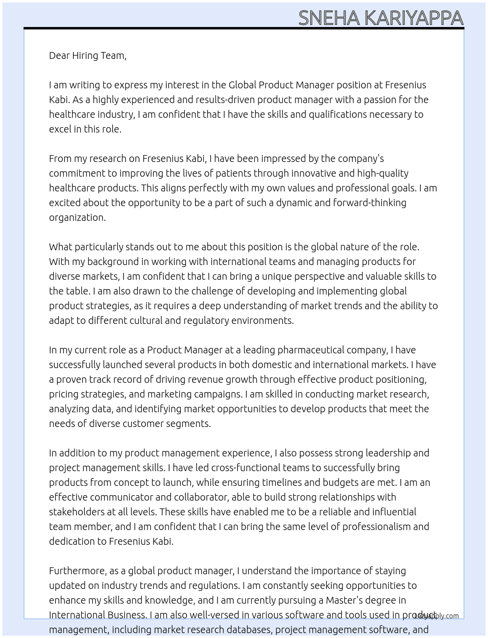 Global Product Manager  At Fresenius Kabi Cover Letter