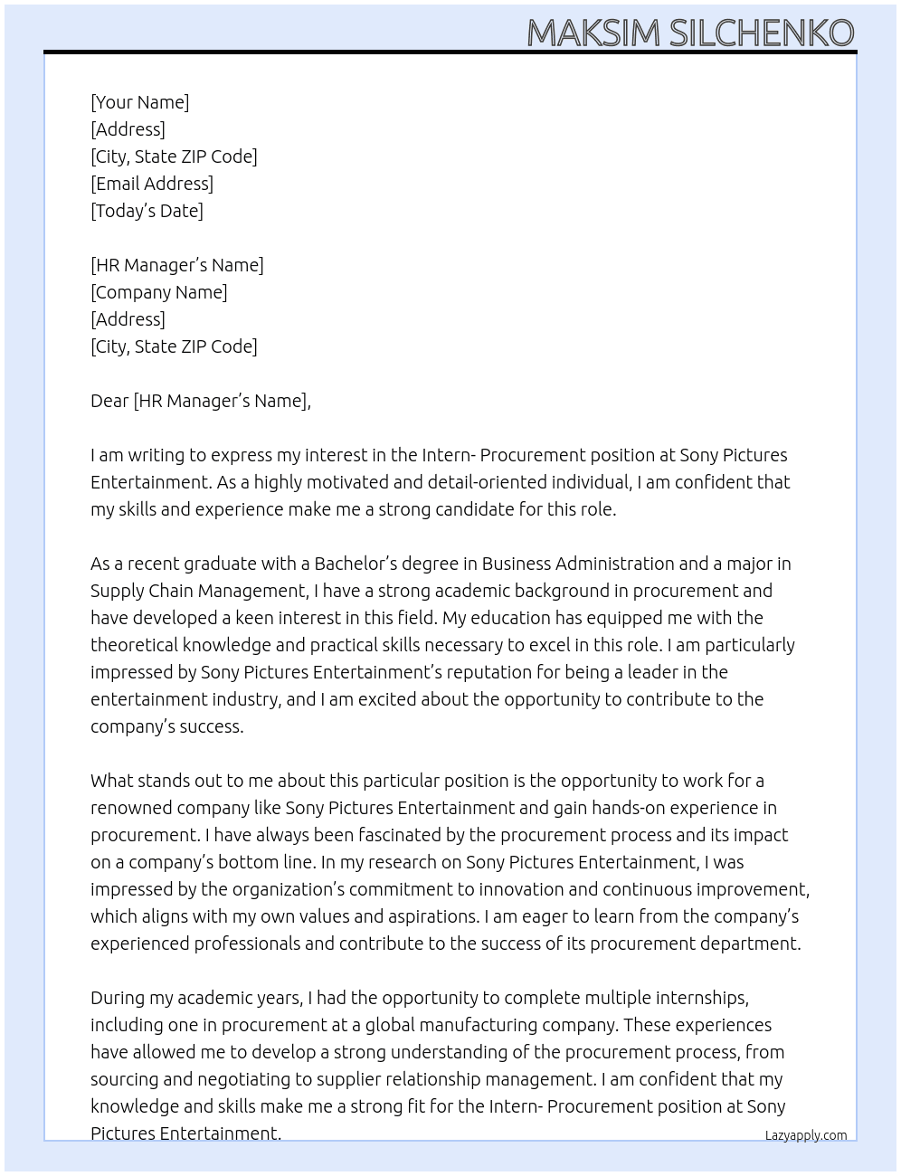 Intern - Procurement At Sony Pictures Entertainment Cover Letter