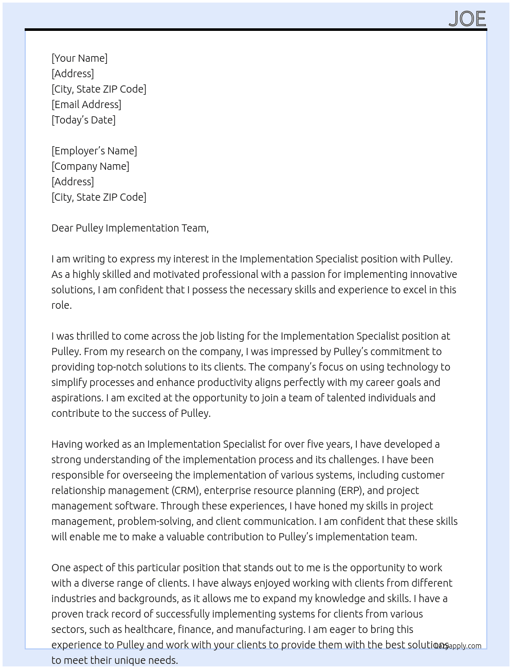 Implementation Specialist At Pulley Cover Letter