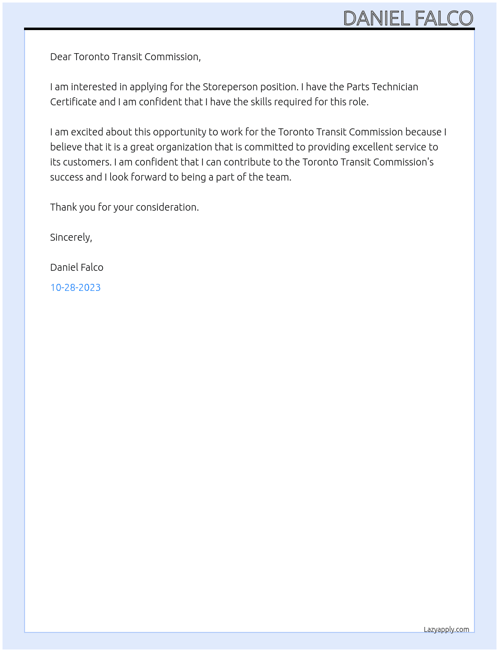 Storeperson At Toronto Transit Commission  Cover Letter