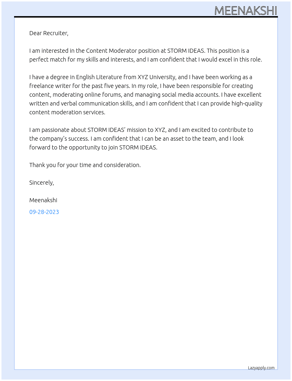 Content Moderator At STORM IDEAS Cover Letter