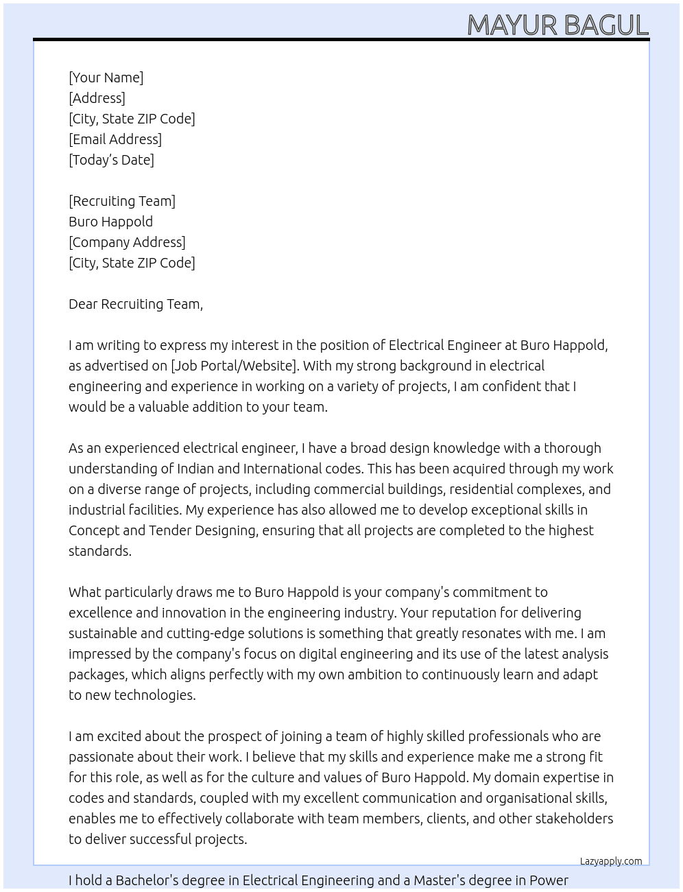 Electrical Engineer At Buro Happold Cover Letter