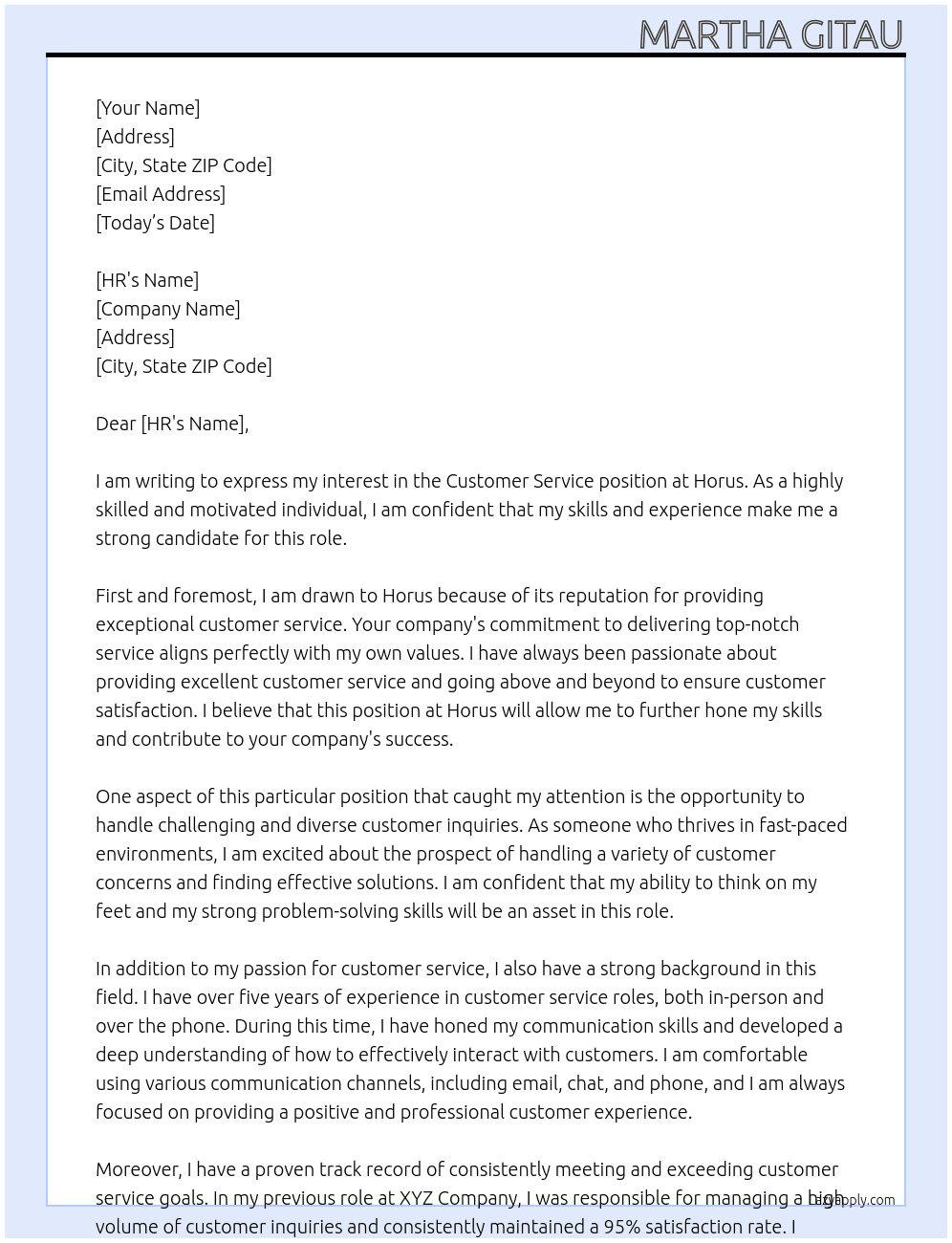 Customer service position At Horus Cover Letter