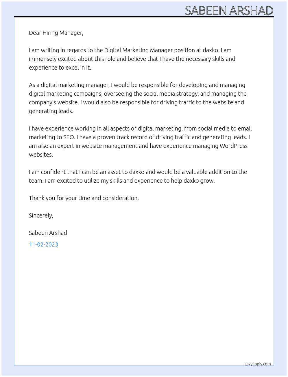 Digital Marketing Manager At daxko Cover Letter