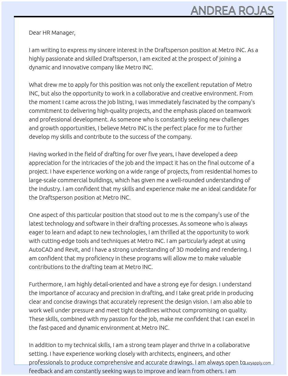 Draftsperson At Metro INC Cover Letter