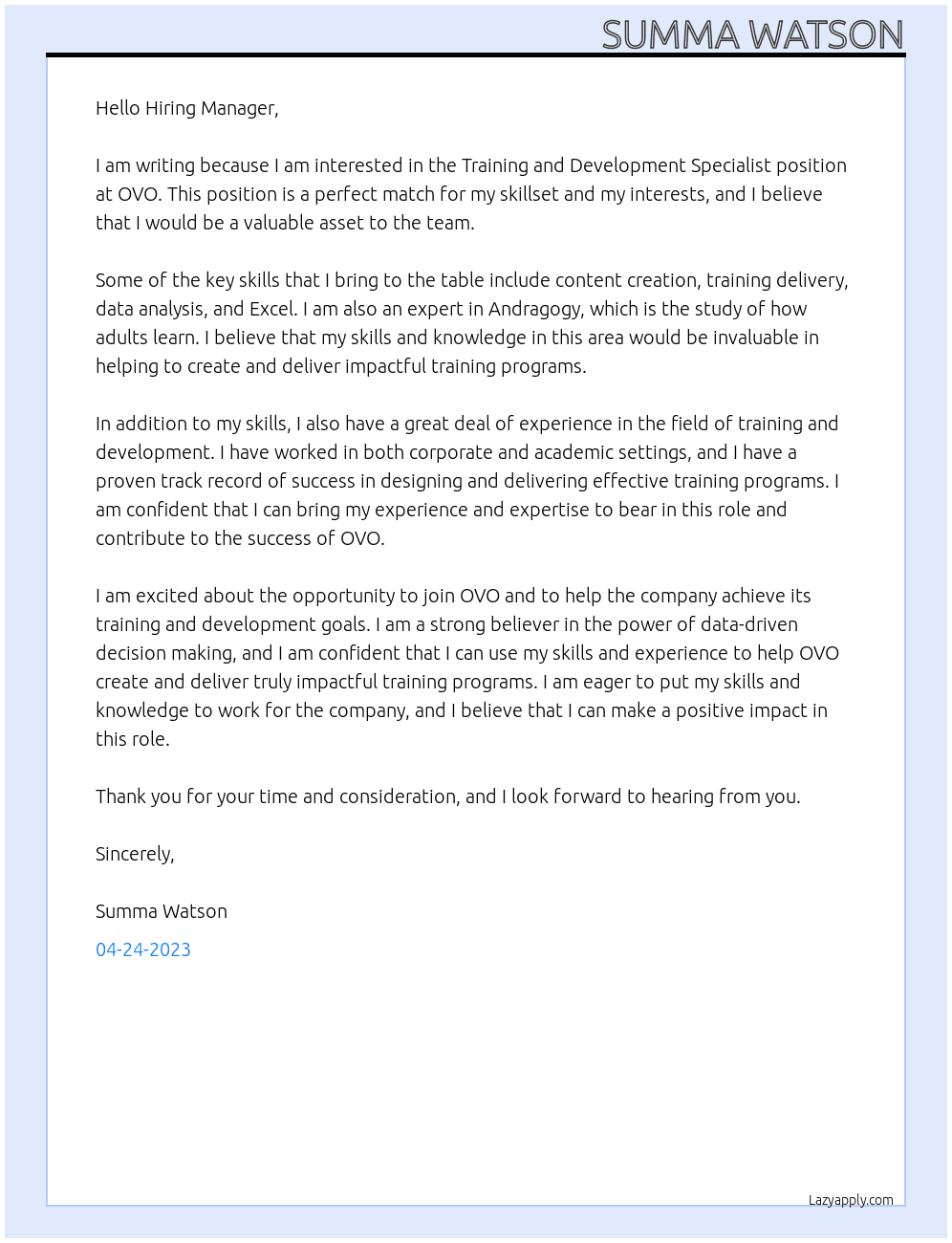 Training and Development Specialist At OVO Cover Letter