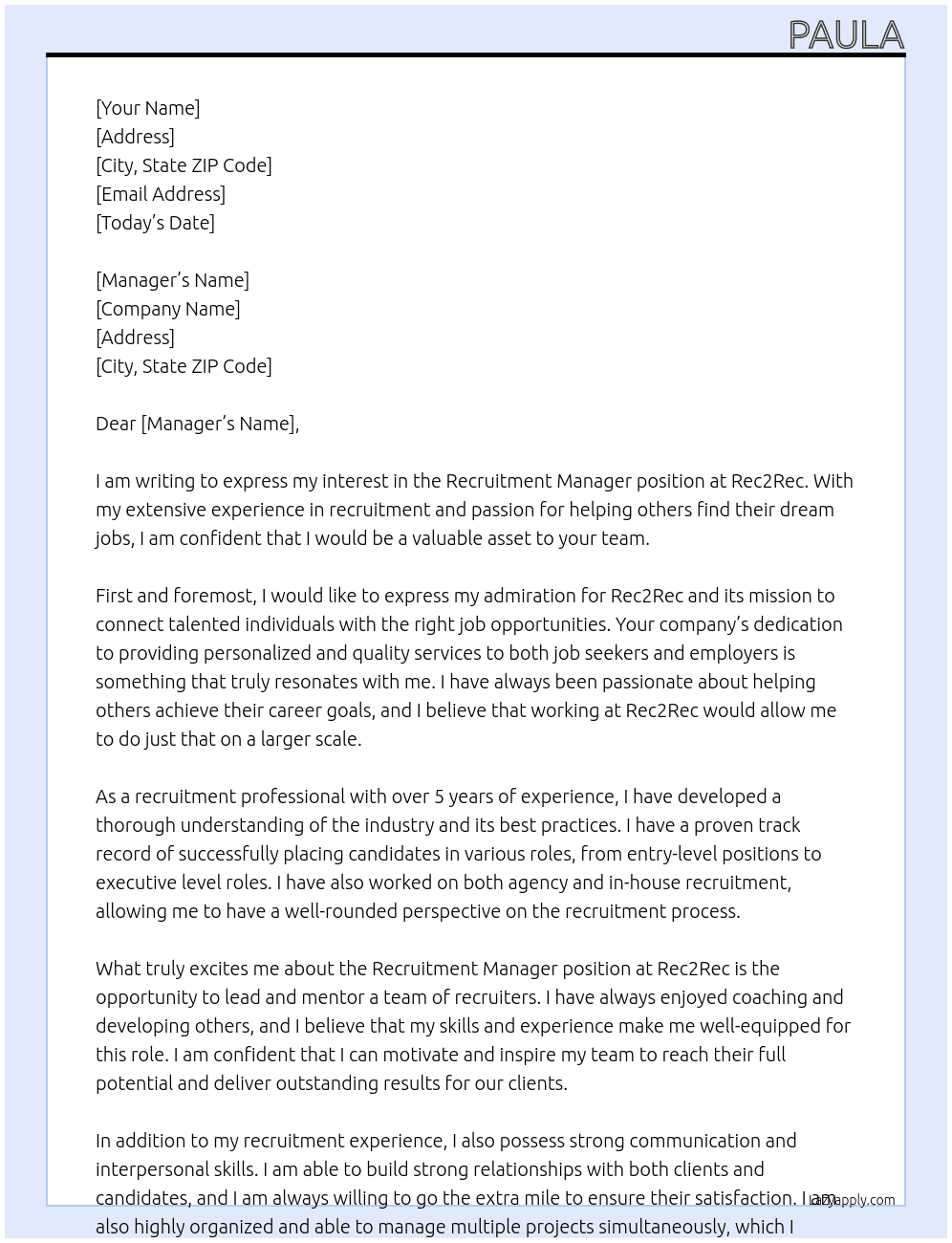 Recruitment Manager At Rec2Rec Cover Letter