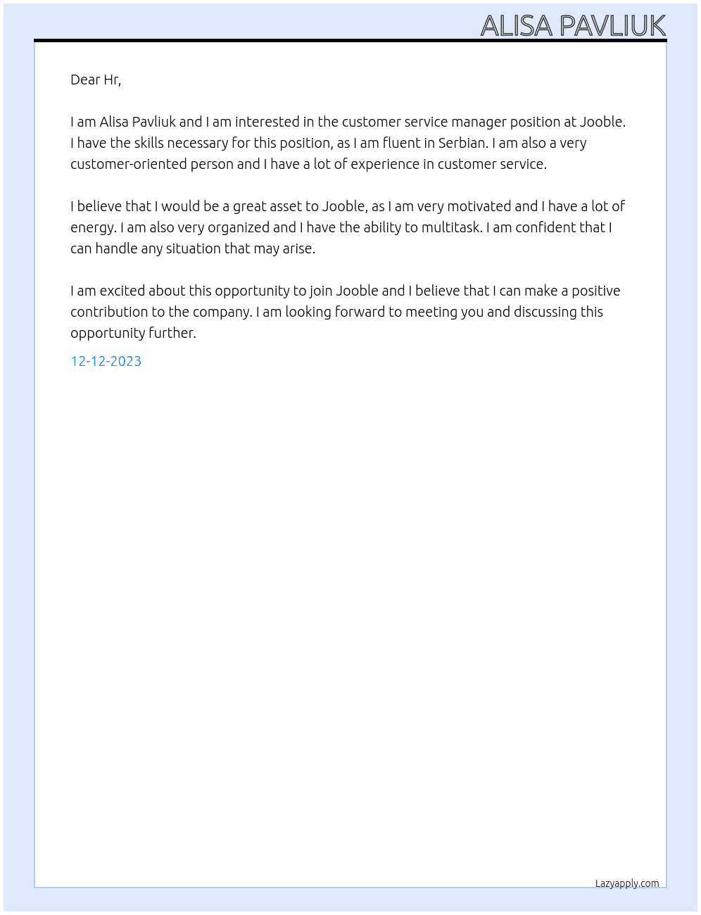 Customer service manager At Jooble Cover Letter