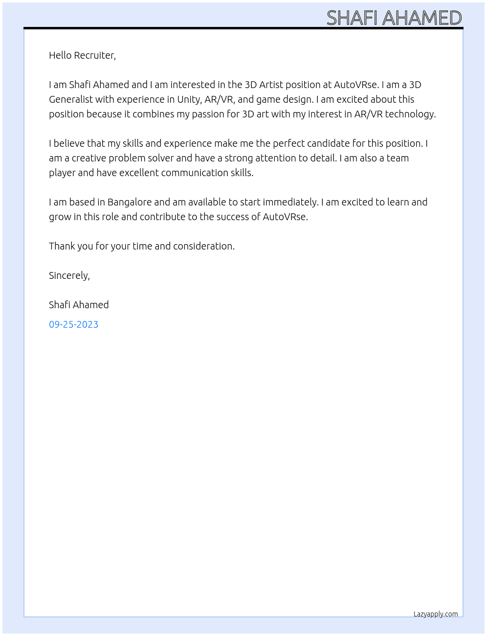 3D Artist At AutoVRse Cover Letter