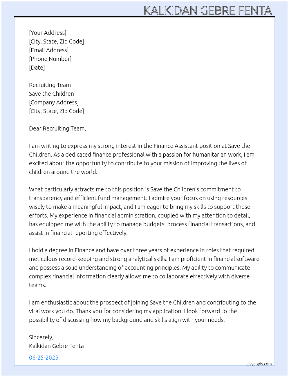Finance Assistant At Save the children Cover Letter