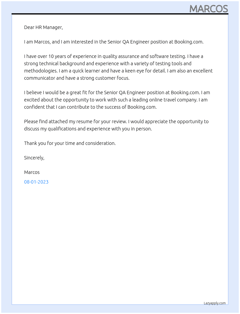 Senior QA Engineer At Booking.com Cover Letter