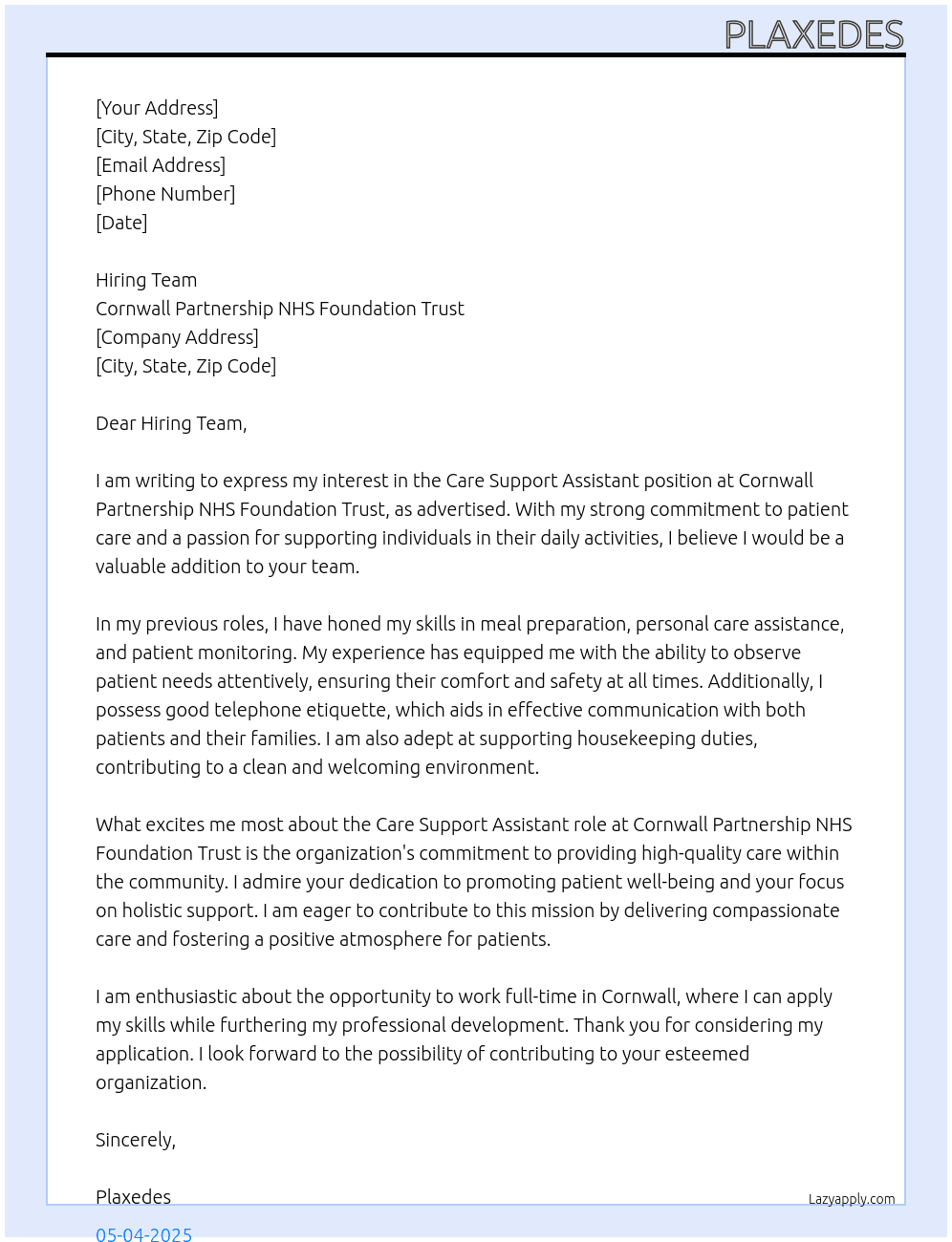 Care Support Assistant At Cornwall Partnership NHS Foundation Trust Cover Letter