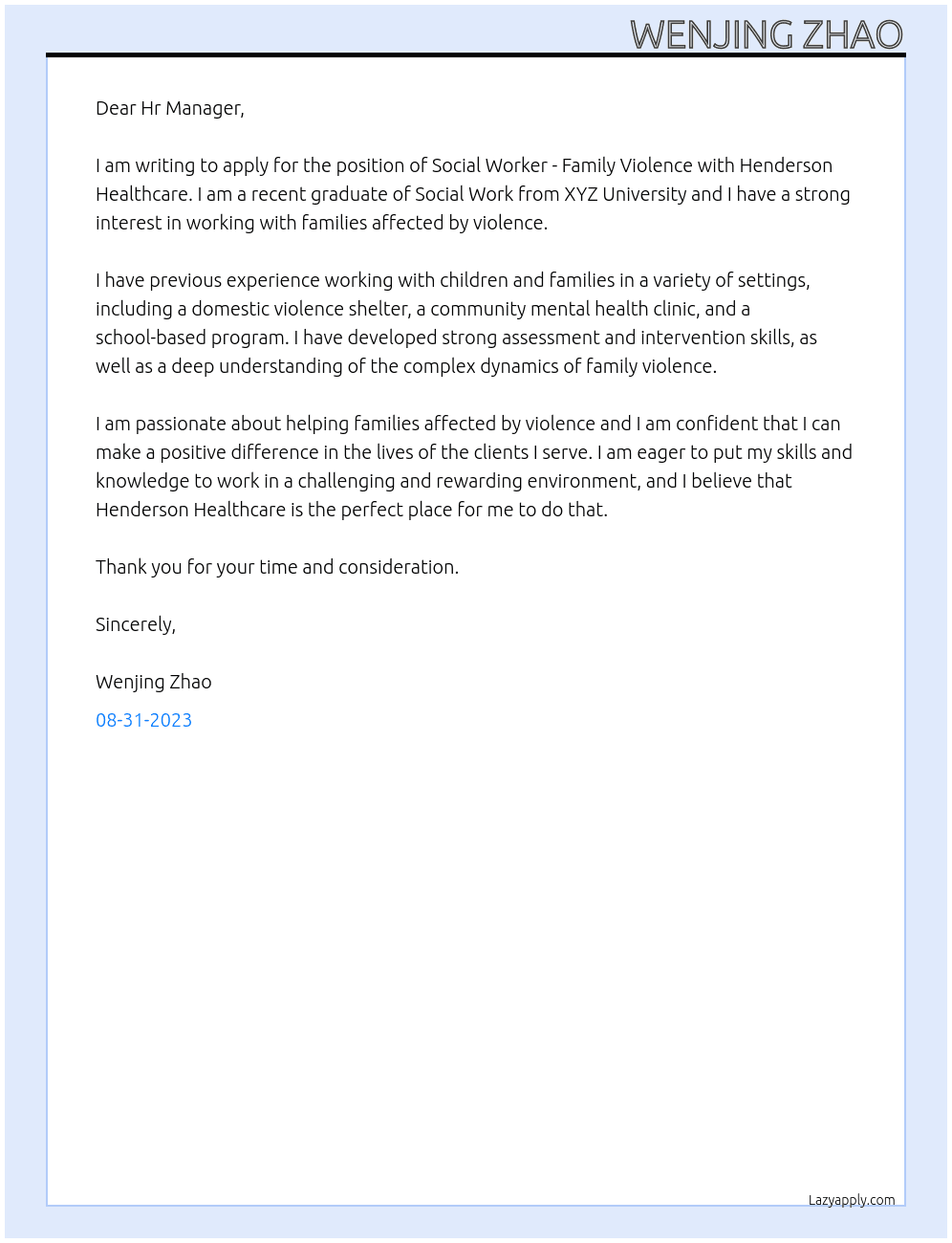 Social Workers - Family Violence At Henderson Healthcare Cover Letter