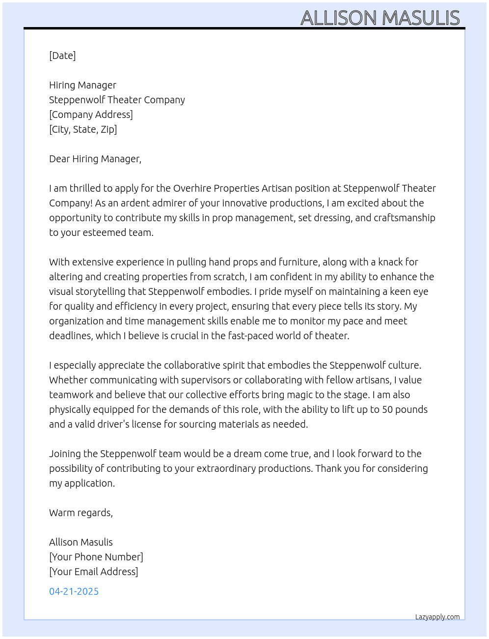 Cover letter for overhire properties artisan - LazyApply