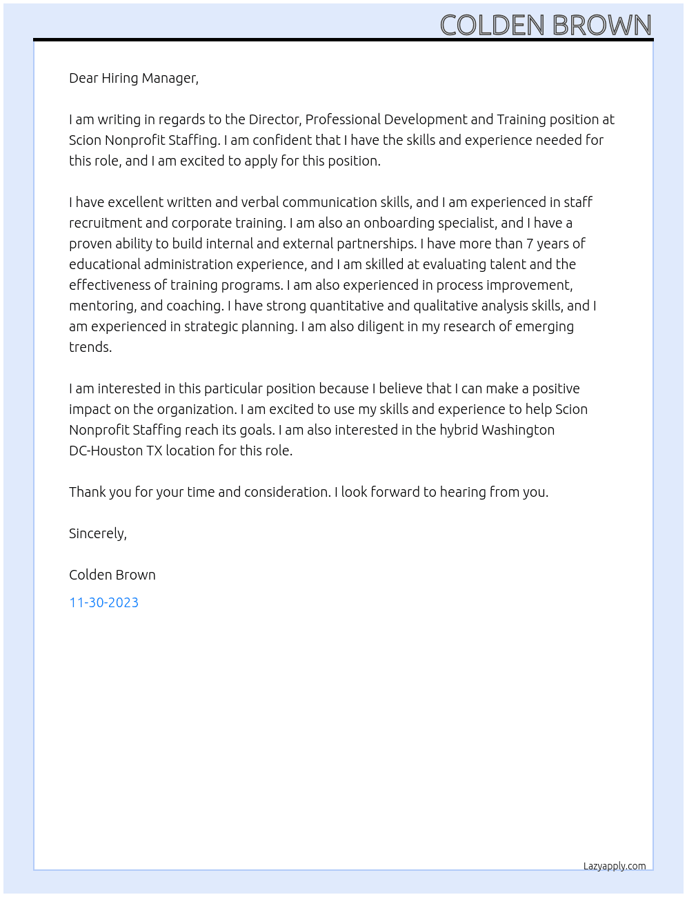 Director, Professional Development and Training At Scion Nonprofit Staffing Cover Letter