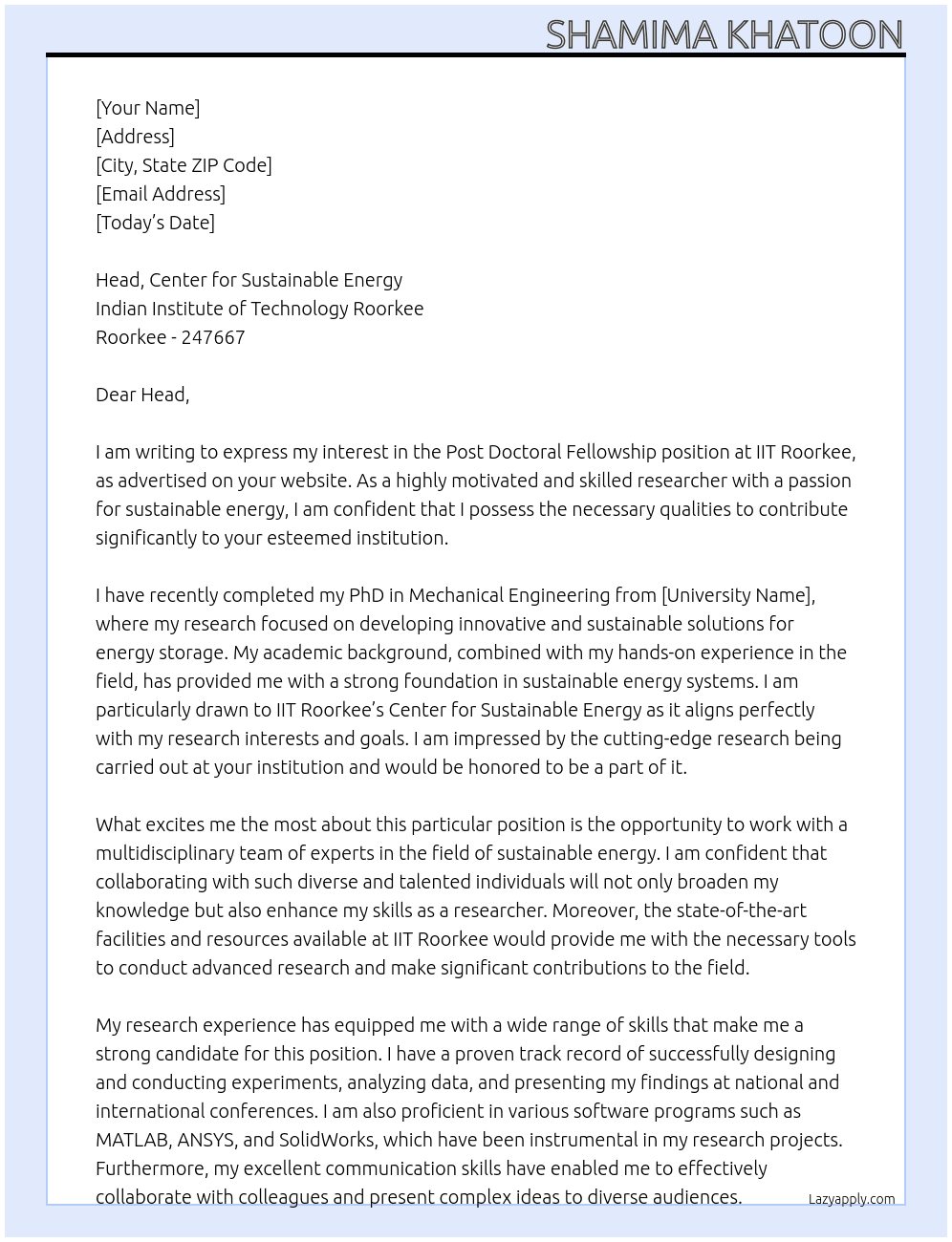 Post Doctoral Fellowship At IIT ROORKEE Cover Letter