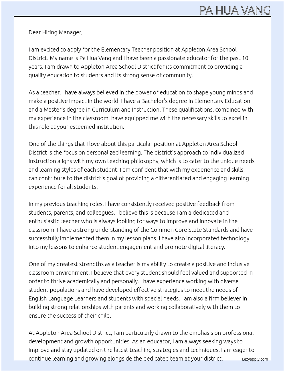 Elementary Teacher At Appleton Area School District Cover Letter
