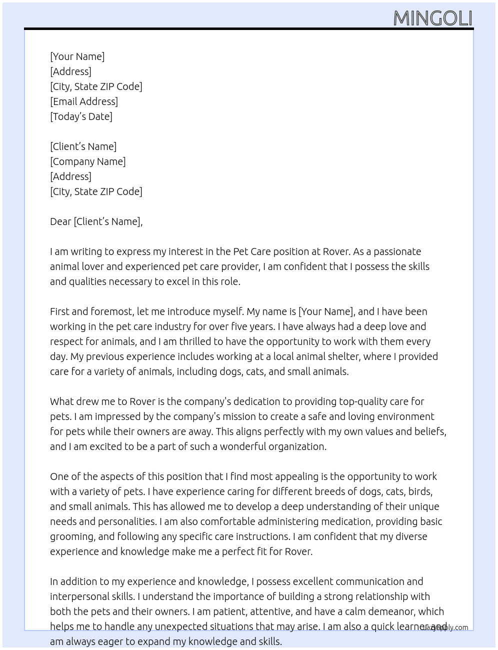 Pet Care At Rover Cover Letter