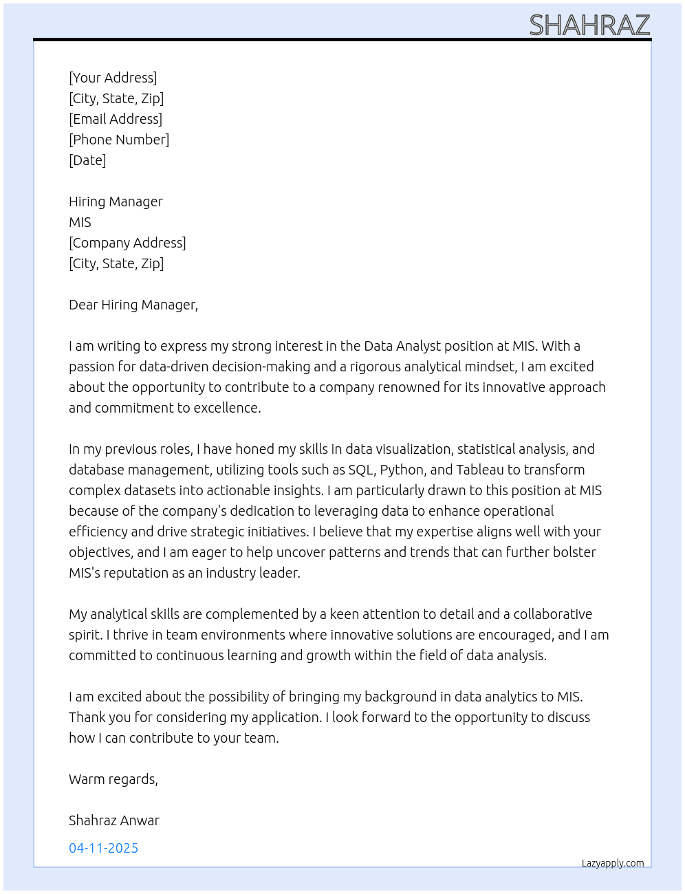 data analyst At MIS  Cover Letter